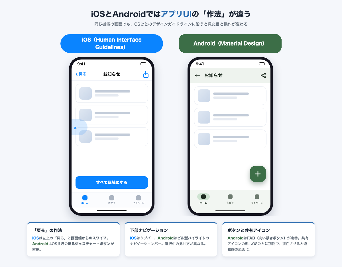 同じお知らせ画面をiOSとAndroidそれぞれのデザインガイドラインに沿って描いた画面モックの比較図