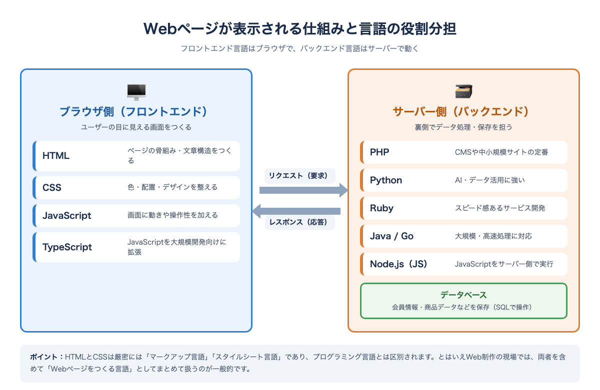 ブラウザ側のフロントエンド言語とサーバー側のバックエンド言語の役割分担を示した全体構造図